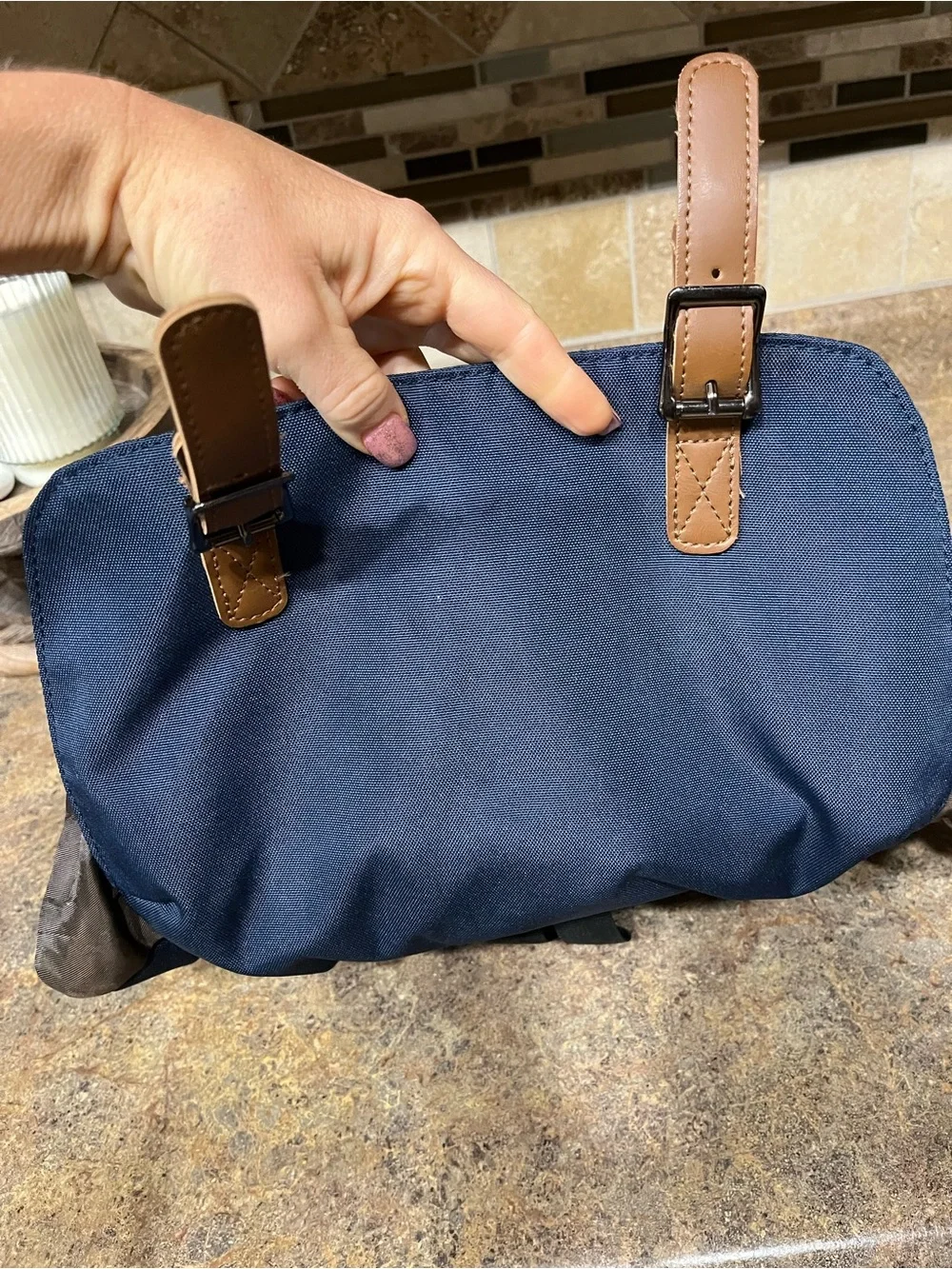 NWOT VASCHY Navy Vintage Inspired Laptop Backpack Tan Leather Buckle Travel Bag